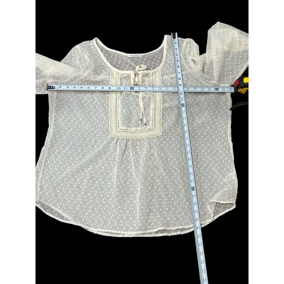Maurices Size M Womens Sheer Polka Dot Cream Relax Blouse With Crochet Detail - Picture 6 of 9